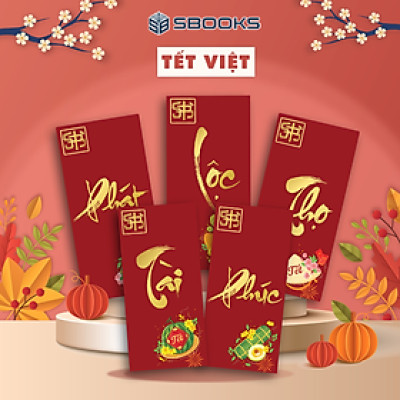 Combo 5 Cái Bao Lì Xì Thiết Kế Chữ Phúc, Tài, Phát, Lộc, Thọ - Tết Việt 2025 Giấy Cứng C150 Siêu Dày Dặn - SBOOKS