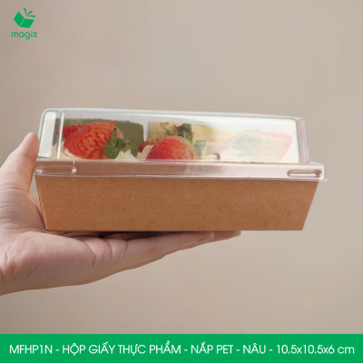 MFHP1N - 10.5x10.5x6 cm - 100 hộp giấy kraft thực phẩm màu nâu nắp Pet, hộp giấy vuông đựng thức ăn, hộp bánh nắp trong