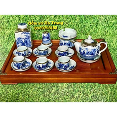 Bộ ấm chén chóp lửa trúc lâm thất hiền bọc đồng đủ phụ kiện kèm khay gỗ