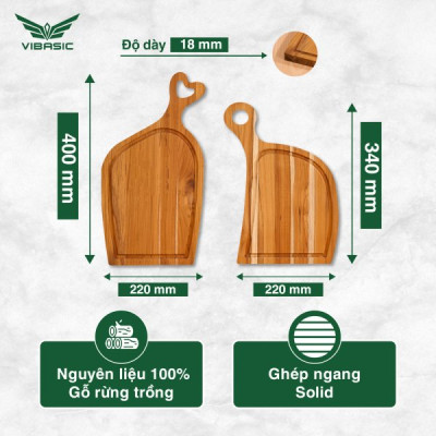 Bộ thớt Uyên Ương gỗ Teak kháng khuẩn không mùn dăm Vibasic 40x22x1.8cm và 34x22x1.8cm, cắt thái và trang trí món ăn