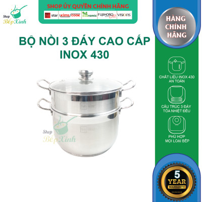 Bộ nồi xửng hấp 3 đáy inox 430 FiveStar Standard nắp kính tặng 1 muỗng canh (24cm /26cm / 28cm /30cm /32cm)