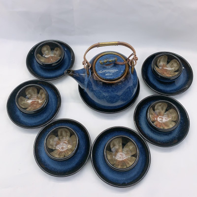 Bộ ấm chén Bát Tràng men hỏa biến dáng trống màu xanh - anth689