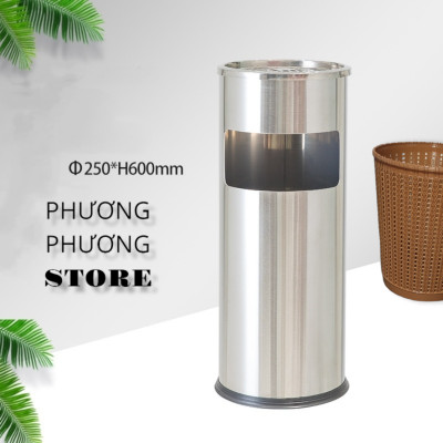 Thùng rác inox tròn, thùng rác inox gạt tàn tròn ( Tặng sọt tròn mây ) 