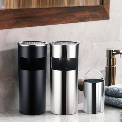 Thùng rác inox tròn, thùng rác inox gạt tàn tròn dùng trong nhà hàng sảnh khách sạn văn phòng nơi công cộng