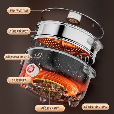 Nồi Lẩu Điện MANDELI Hiệu Suất Lớn 1000W Dung Tích 4L, Kèm Sửng Hấp Inox Lẩu, Chiên Dán Xào Đa Năng