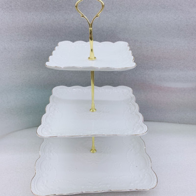 KHAY SỨ ĐỰNG BÁNH KẸO HOA QUẢ 3 TẦNG TRẮNG HOA DẬP NỔI - ANTH618