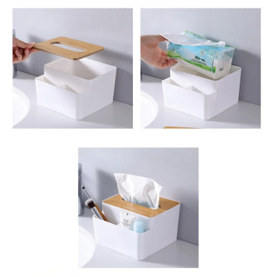 Hộp, Kệ Đựng Khăn Giấy Ăn Nắp Gỗ Nordic Kèm 2 Ngăn Chứa Đồ Đa Năng Tiện Lợi