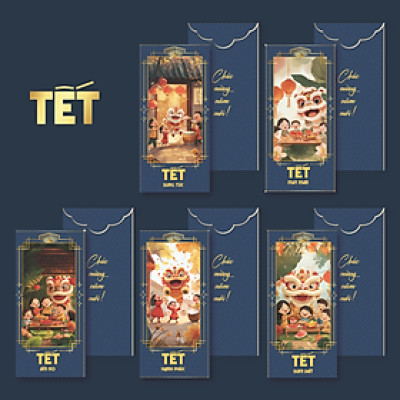 Combo 5 Cái Bao Lì Xì Thiết Kế Họa Tiết Hình Lân 2025 Giấy Cứng C150 Siêu Dày Dặn - SBOOKS