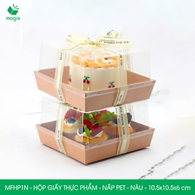 MFHP1N - 10.5x10.5x6 cm - 25 hộp giấy kraft thực phẩm màu nâu nắp Pet, hộp giấy vuông đựng thức ăn, hộp bánh nắp trong