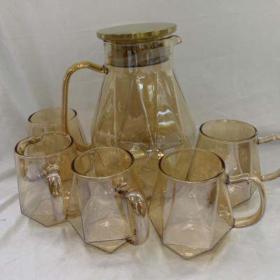 Bộ bình đựng nước thủy tinh kèm 6 ly màu vàng sang trọng - ANTH666