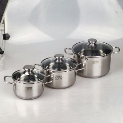 [Hàng chính hãng] Bộ 3 nồi inox đáy từ 3 lớp Greencook GCS06 dùng được trên mọi loại bếp, quai cách nhiệt size 16/20/24cm