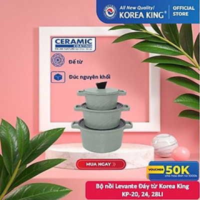 Bộ nồi xanh Levante đáy từ (Nồi, nắp bằng nhôm đúc, phủ men chống dính Ceramic, Ø20cm, 24cm,28cm)