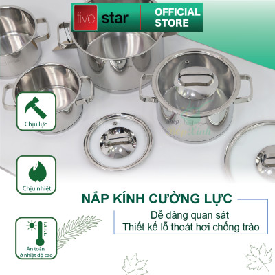 Combo Bộ nồi inox 304 và xửng hấp cao cấp  Fivestar Plus 5 món nắp kính ( 1nồi 16cm x1nồi 18cm x1nồi 20cm x1nồi 24cm x 1thân xửng 24cm) , tặng 1 vá canh 