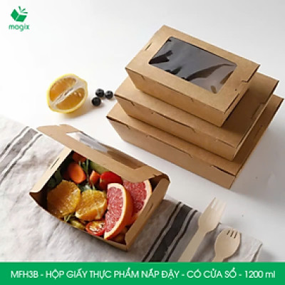 MFH3B - 1200ml - 25 hộp giấy kraft đựng thực phẩm, hộp giấy đựng thức ăn có cửa sổ, hộp đựng cơm