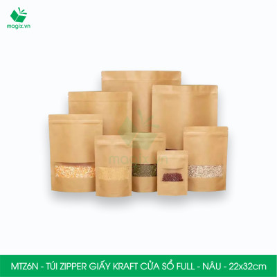 MTZ6N - 22x32cm - Combo 25 Túi Zipper giấy Kraft Nâu đáy đứng có cửa sổ