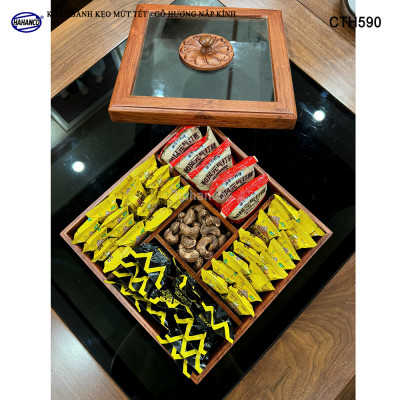Khay Bánh Kẹo Mứt Tết Gỗ Hương Nắp Kính Vuông Trong Suốt Thiết Kế Trang Trọng - CTH590
