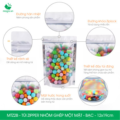 MTZ2B - 12x19cm - Combo 100 Túi Zipper Bạc đáy đứng, một mặt trong