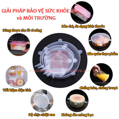 BỘ 6 NẮP ĐẬY THỰC PHẨM SILICONE - Màng Bọc Thực Phẩm Silicon Che Đậy Thức Ăn, Hoa Quả- HENRYSA