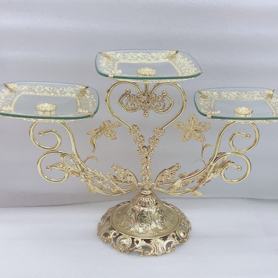KHAY ĐỰNG BÁNH KẸO HOA QUẢ  THỦY TINH 3 TẦNG KHUNG KIM LOẠI - VD28