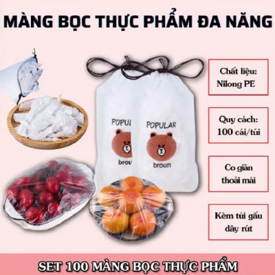 Màng Bọc Thực Phẩm Có Chun ,Túi Bọc Thực Phẩm Gấu Gói lớn Túi 100 cái, Màng Bọc Thức Ăn, Túi Gấu PE Bọc Đồ Ăn Co Giãn Tái Sử Dụng