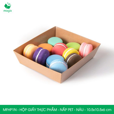 MFHP1N - 10.5x10.5x6 cm - 100 hộp giấy kraft thực phẩm màu nâu nắp Pet, hộp giấy vuông đựng thức ăn, hộp bánh nắp trong