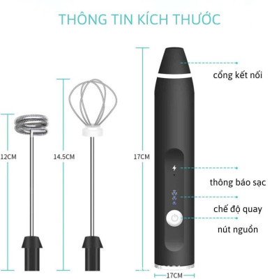 Máy Đánh Bọt Que Tạo Bọt Cafe Mini,  Trứng Cầm Tay  Không Dây Tích Điện 3 Chế Độ