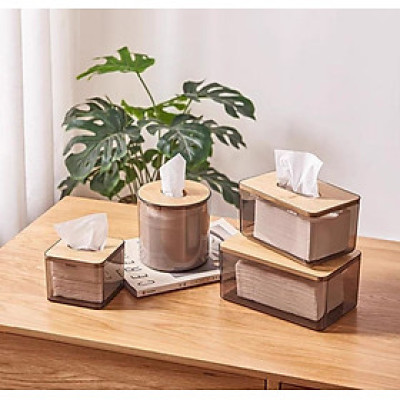 Hộp Đựng Giấy Ăn Để Bàn Hộp Đựng Khăn Giấy Nhựa MiKa Trong Suốt Nắp Gỗ Tre Tự Nhiên Màu Sắc Kiểu Dáng Phong Cách Bắc Âu Cao Cấp