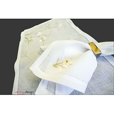 Bộ lót đĩa và khăn ăn linen thêu hoa cỏ