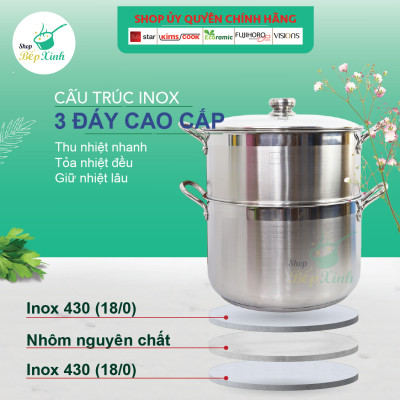 Bộ nồi xửng hấp inox 3 đáy bếp từ  Fivestar 28 cm  nắp kính