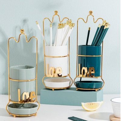 Ống đựng đũa chất liệu sứ khung hợp kim cao cấp | HŨ SỨ CÓ KHAY HỨNG NƯỚC ĐỰNG ĐŨA KHUNG INOX TẠO HÌNH LOVE YOU