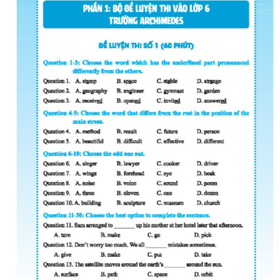 Sách - Bộ đề luyện thi môn Tiếng anh vào lớp 6 trường chuyên , chất lượng cao (có đáp án)