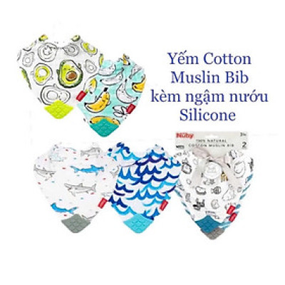 [ 4324-Nuby ] Bộ 2 Yếm Cotton Muslin Bib kèm gặm nướu Silicone