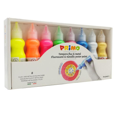 Bộ 8 Chai Màu Poster Paint Chất Lượng Cao 75ml (4 Màu Dạ Quang, 4 Màu Kim Loại) PRIMO 2532FM8