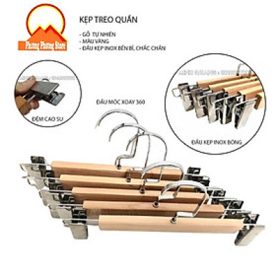 Combo Móc, kẹp treo quần áo bằng gỗ màu vàng đầu kẹp inox, đầu móc xoay 360