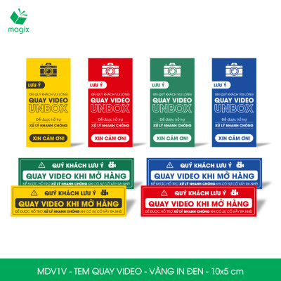 100 Tem chú ý quay video trước khi mở hàng, decal dán hộp - 10x5 cm - Vàng in đen - MDV1V