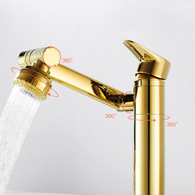 Vòi rửa mặt Lavabo cổ xoay 720 độ đa chiều, củ đồng, thân ngắn mạ vàng, điều chỉnh nhiều chế độ tia nước Minh House