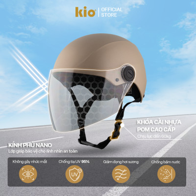 Mũ Bảo Hiểm Nửa Đầu Kio SafeStyle Go KN01KD, Kính Dài Phủ Nano Chống Tia UV, Lớp Lót Kháng Khuẩn