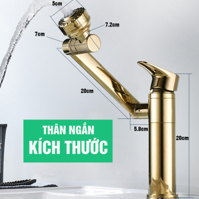 Vòi rửa mặt Lavabo cổ xoay 720 độ đa chiều, củ đồng, thân ngắn mạ vàng, điều chỉnh nhiều chế độ tia nước Minh House