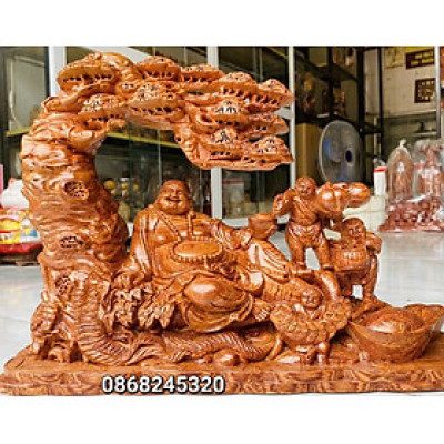 Tượng điêu khắc phật di lặc tam phúc ngự gốc cây tùng bằng gỗ hương đá đẹp long lanh kt 45×32×15cm