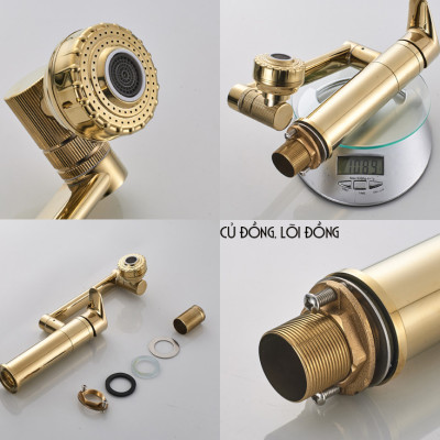 Vòi rửa mặt Lavabo cổ xoay 720 độ đa chiều, củ đồng, thân ngắn mạ vàng, điều chỉnh nhiều chế độ tia nước Minh House