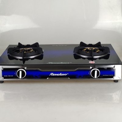 Bếp ga đôi kiếng cường lực Raiden RDB2280, đầu đốt đồng mũ nguyên khối lửa xanh, kiềng gang-Hàng chính hãng