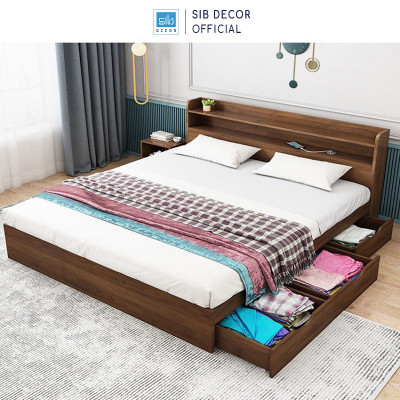Giường Ngủ Gỗ Công Nghiệp Kèm 3 Ngăn Kéo Màu Walnut SIB Decor GN12