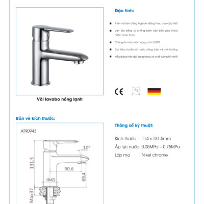 Bộ vòi lavabo nóng lạnh ATMOR AT90943 (HÀNG CHÍNH HÃNG)