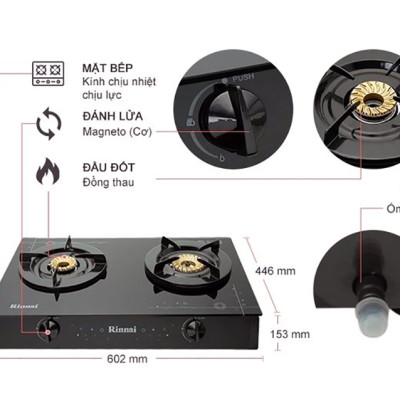 Bếp Gas Dương Rinnai RV-6Double Glass(Sp) - Đen- Hãng chính hãng