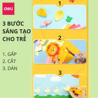 Giấy thủ công 100 tờ học sinh nhiều kích cỡ Deli - Có khổ A4 , giấy gấp origami , giấy gấp hạc hoa động vật - 83631 / 83632 / 83633 / 83634