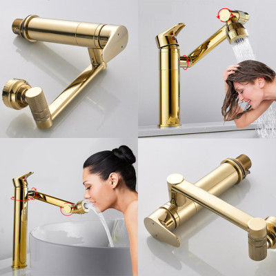 Vòi rửa mặt Lavabo cổ xoay 720 độ đa chiều, củ đồng, thân ngắn mạ vàng, điều chỉnh nhiều chế độ tia nước Minh House
