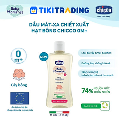 Dầu mát-xa chiết xuất hạt bông cho bé 0M+ Chicco 200ml - Tặng sữa tắm gội chiết xuất yến mạch Chicco 0M+ 50ml