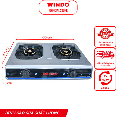 Bếp Gas Đôi Mặt Inox WINDO - 618 PHI 100 - Lửa lớn, điếu gang, có đầu hâm tiết kiệm gas- Hàng Chính Hãng