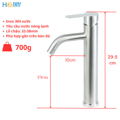 Vòi chậu lavabo nóng lạnh gắn bàn đá inox 304 mờ Hobby home decor VRM7