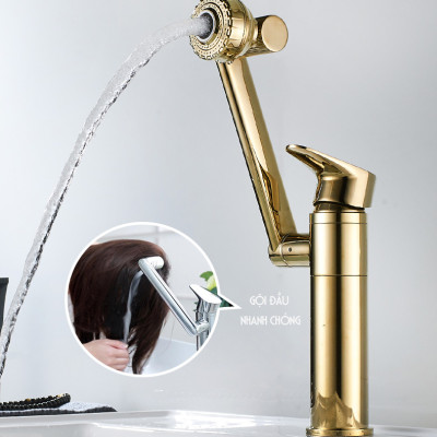 Vòi rửa mặt Lavabo cổ xoay 720 độ đa chiều, củ đồng, thân ngắn mạ vàng, điều chỉnh nhiều chế độ tia nước Minh House